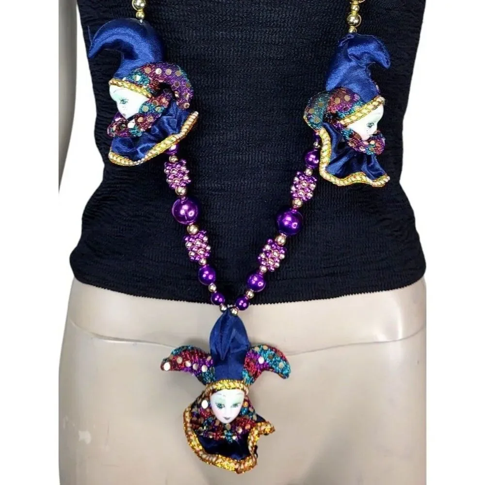 VTG Porcelain Jester Hand Painted Colorful Mardi Gras Beads Sequins Necklace NEW